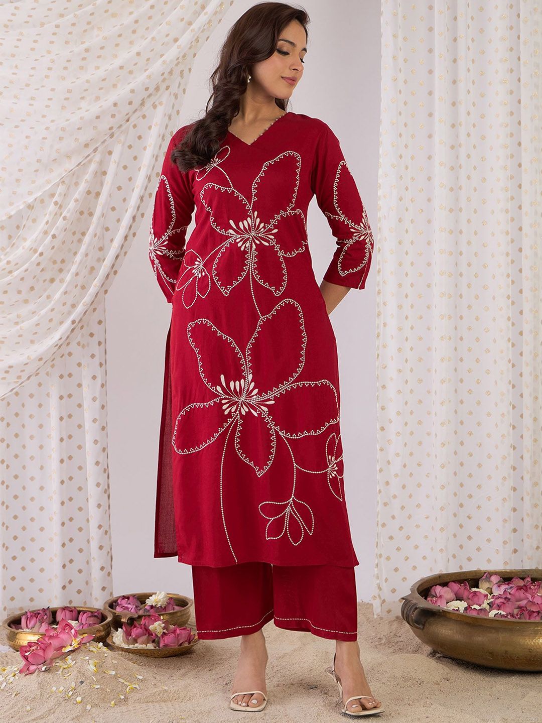 Dhiyona IE Embroidered Three-Quarter Sleeves Tunic With Palazzo