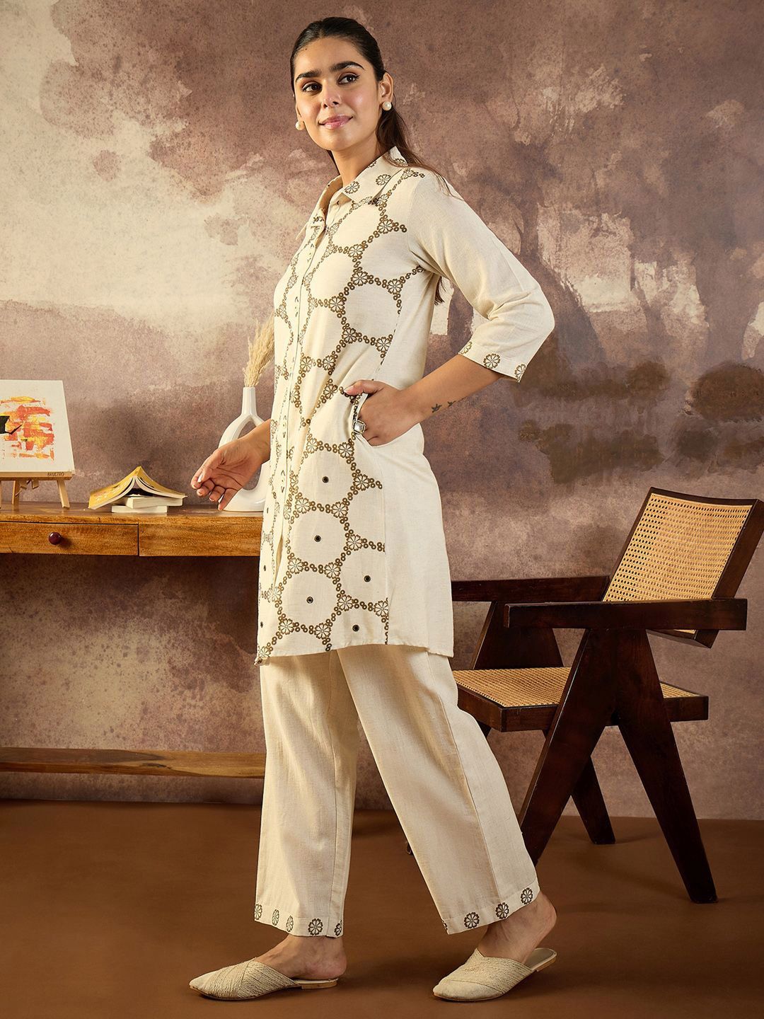 Dhiyona IE Printed Shirt Collar Tunic With Trouser