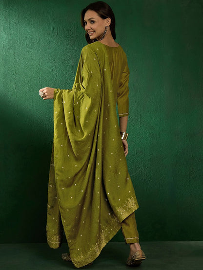 Dhiyona SN Women's Embroidered V-Neck Kurta With Trousers & Dupatta