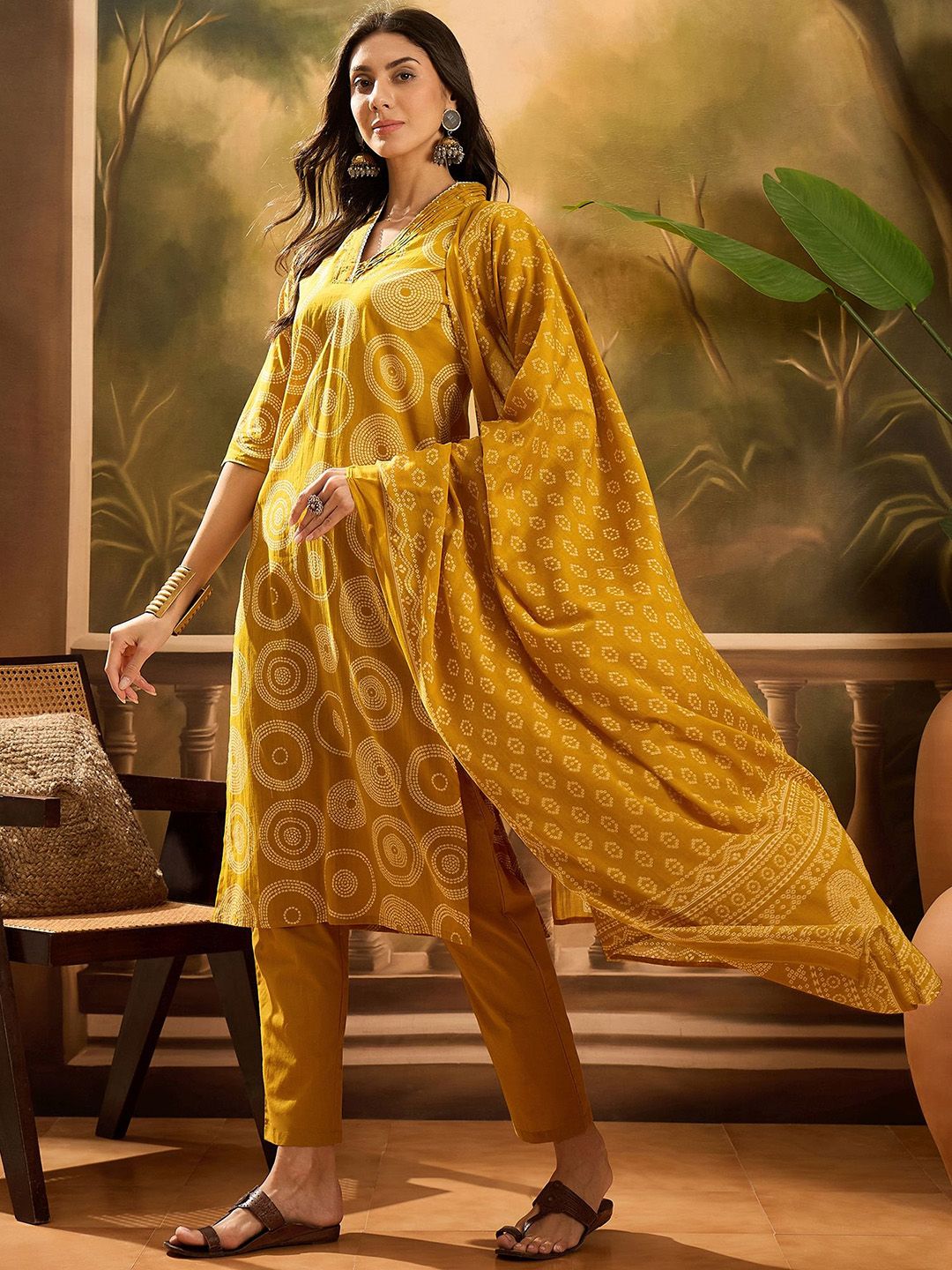 Dhiyona SN Women's Bandhani Printed Pure Cotton Straight Kurta With Trousers & Dupatta Set