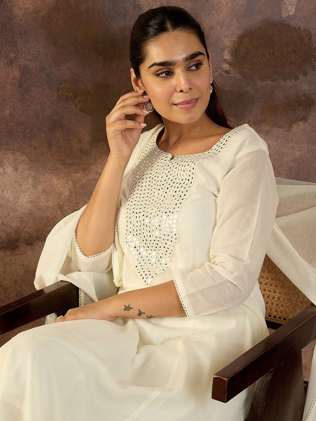 Dhiyona IE Embroidered Mirror Work Pure Cotton Straight Kurta With Trousers & Dupatta