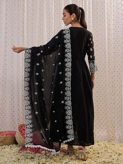 Dhiyona IE Ethnic Motifs Embroidered Pure Cotton Anarkali Kurta With Trouser And Dupatta