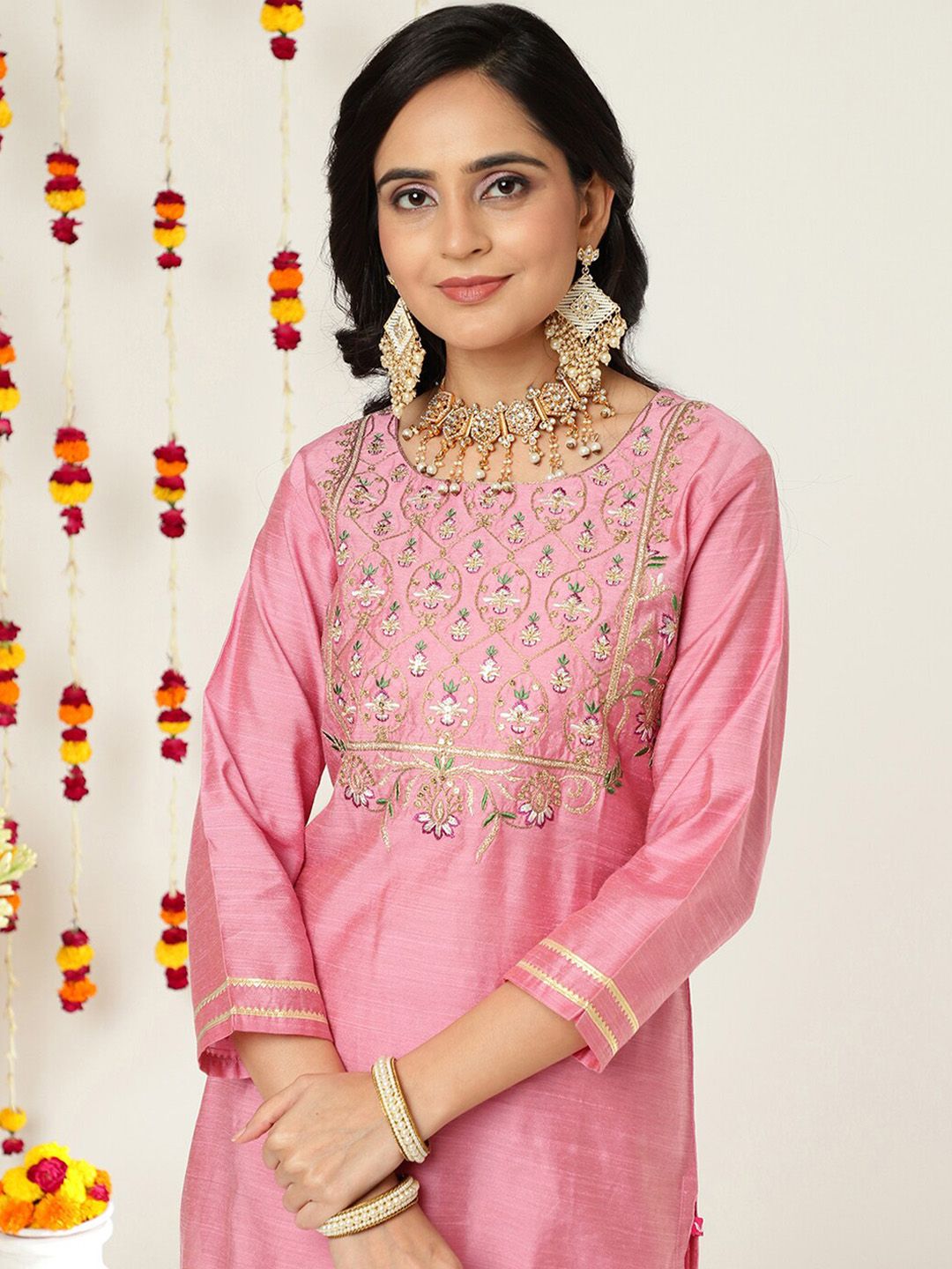Dhiyona VA Women'sZari And Thread Work Embroidered Yoke Silk Kurta & Trousers With Dupatta