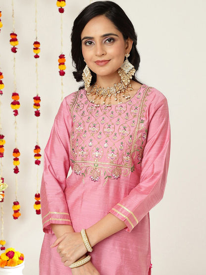 Dhiyona VA Women'sZari And Thread Work Embroidered Yoke Silk Kurta & Trousers With Dupatta