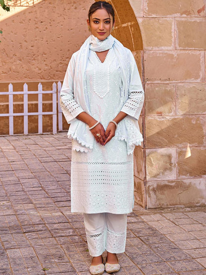 Floral Embroidered Thread Work Pure Cotton Straight Kurta With Trousers & Dupatta
