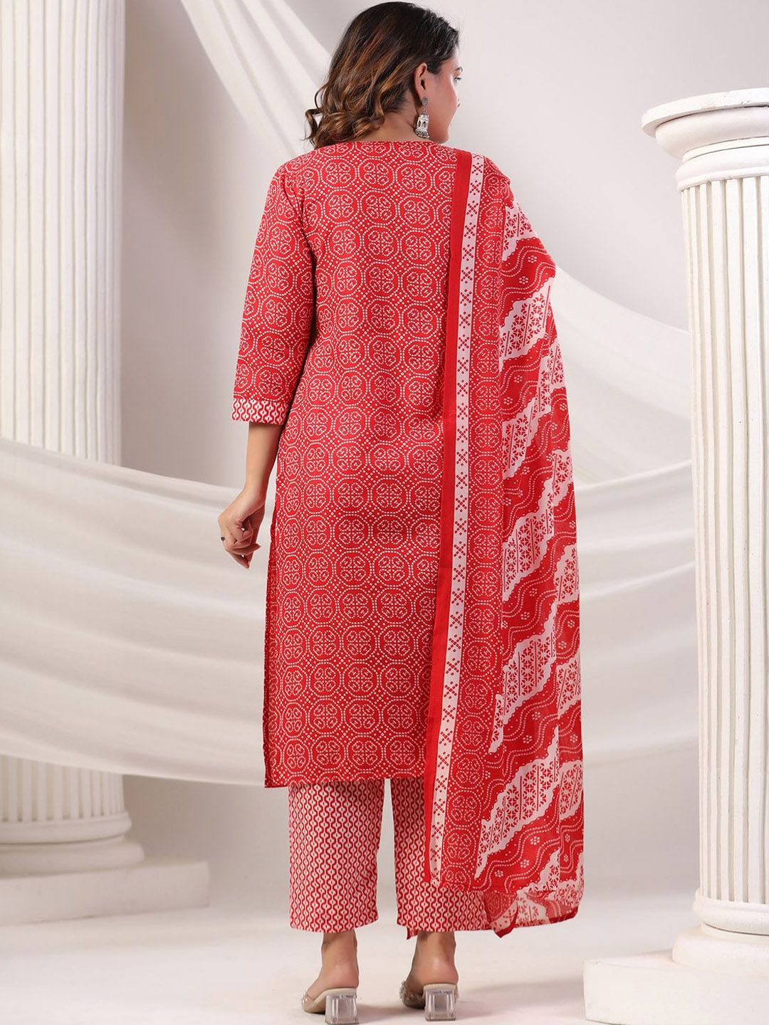 Bandhani Printed Notch Neck Pure Cotton Kurta With Trousers & Dupatta