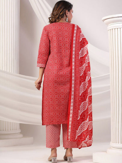 Bandhani Printed Notch Neck Pure Cotton Kurta With Trousers & Dupatta
