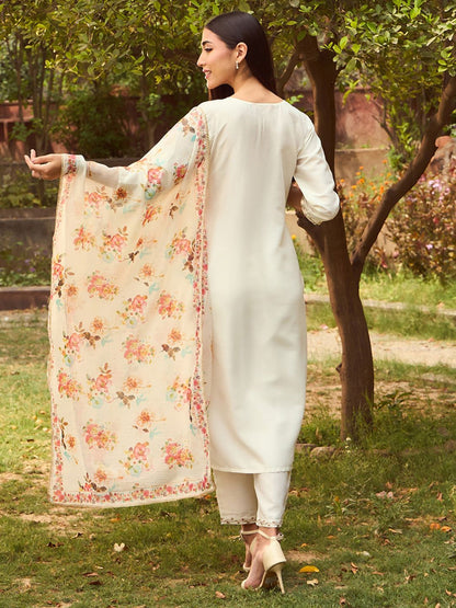 Dhiyona IE Ethnic Motifs Embroidered Tie-Up Neck Straight Kurta with Trousers & Dupatta