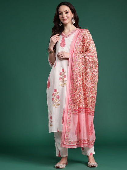 Dhiyona IE Floral Printed Regular Pure Cotton Kurta with Trousers & With Dupatta