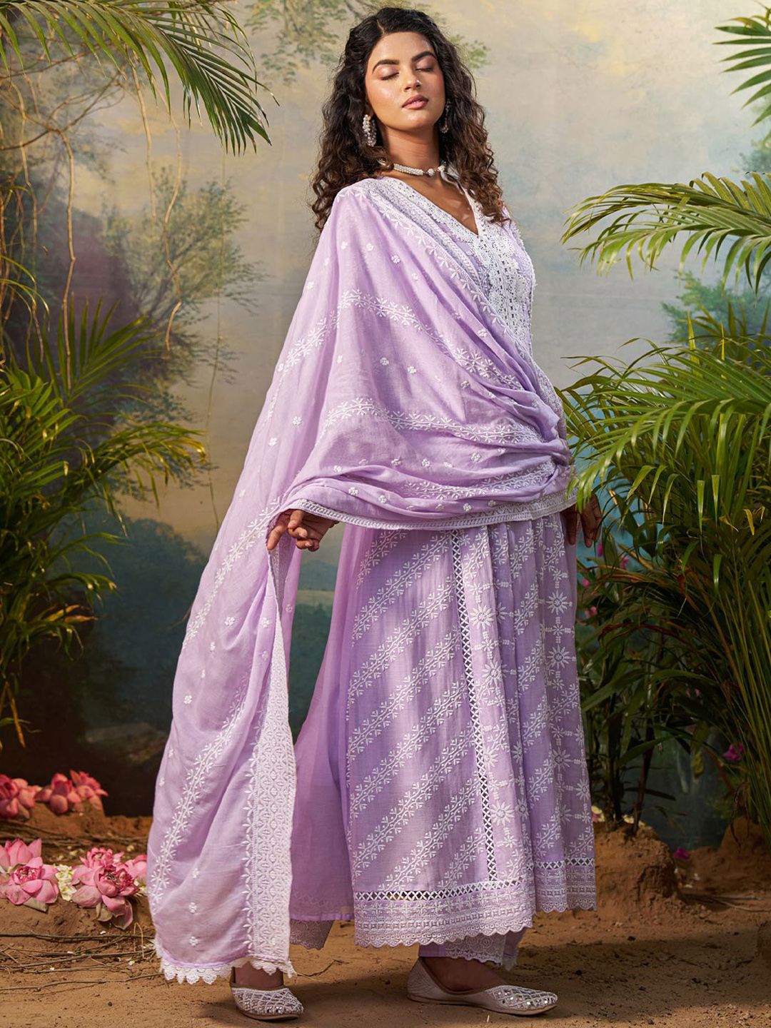 Floral Embroidered V Neck Anarkali Pure Cotton Kurta With Trousers & Dupatta