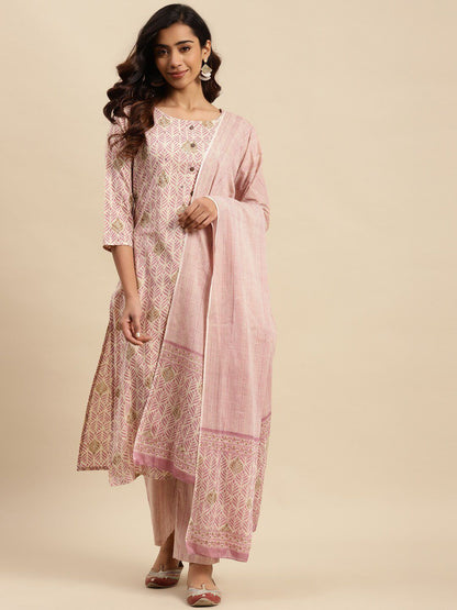 Dhiyona SN Women's Mauve Floral Printed Beads and Stones Kurta With Trouser & Dupatta