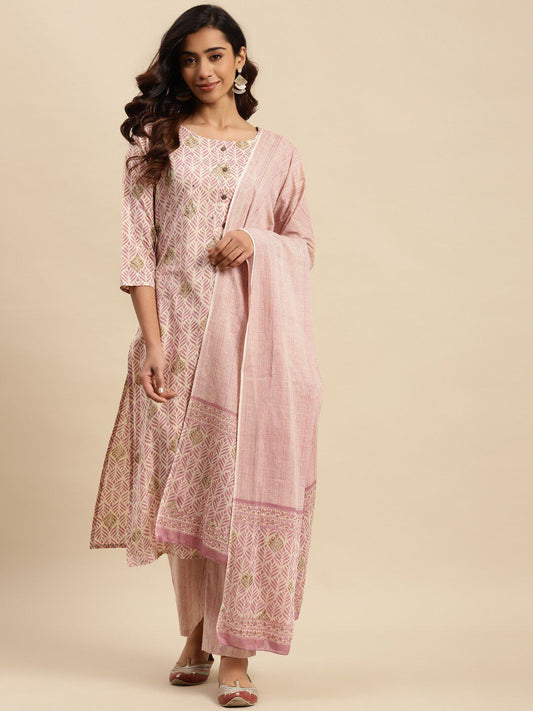 Dhiyona SN Women's Mauve Floral Printed Beads and Stones Kurta With Trouser & Dupatta