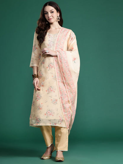 Floral Embroidered Sequinned Linen Kurta with Trousers & With Dupatta