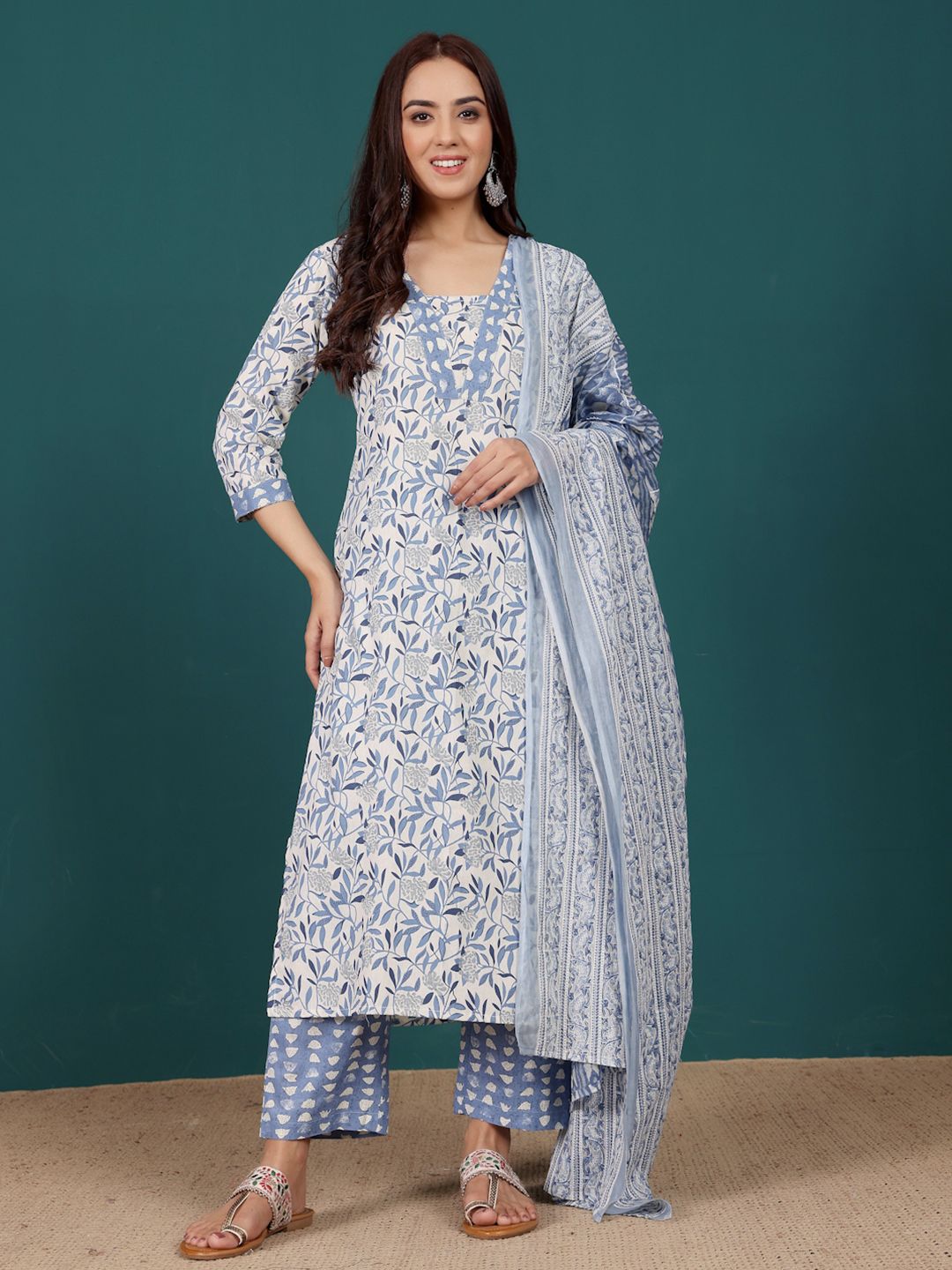 Dhiyona VA Women'sFloral Printed V-Neck Pure Cotton Straight Kurta With Trousers & Dupatta