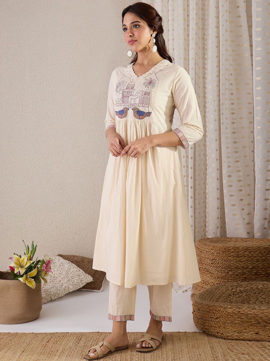 Dhiyona IE Women Quirky Embroidered Kurta with Trousers