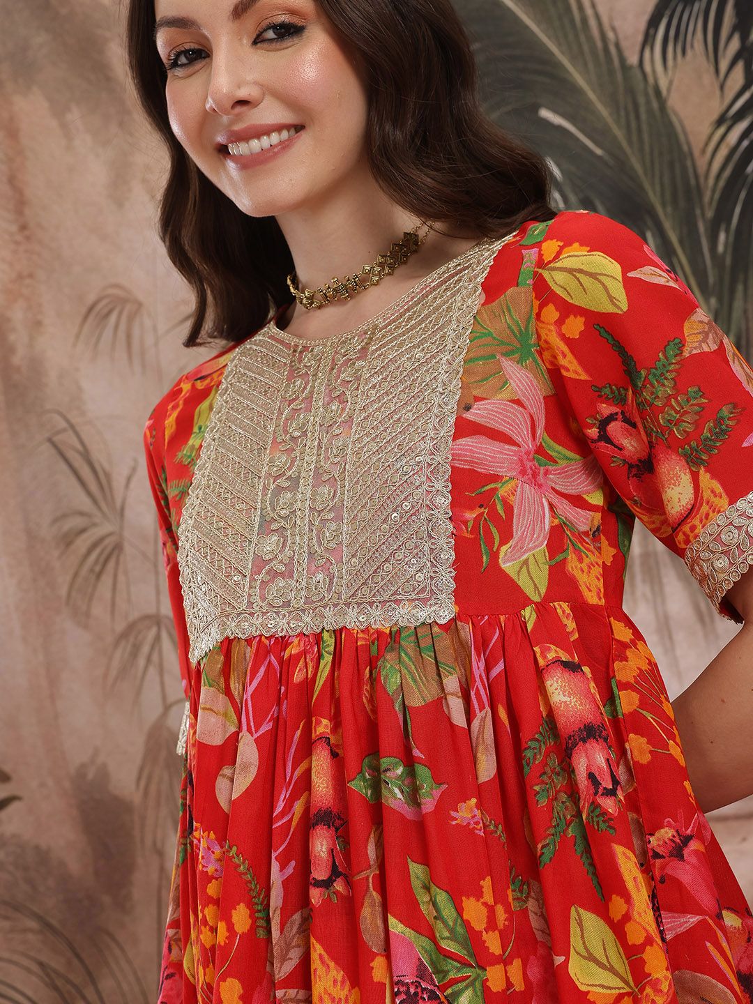 Dhiyona SN Women's Floral Printed Pleated Kurta with Sharara & With Dupatta