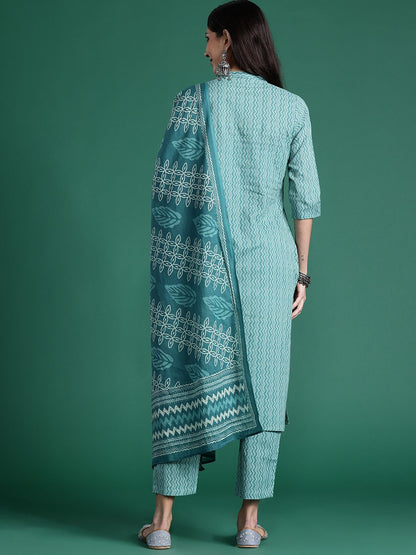 Women Printed Regular Pure Cotton Kurta with Trousers & With Dupatta