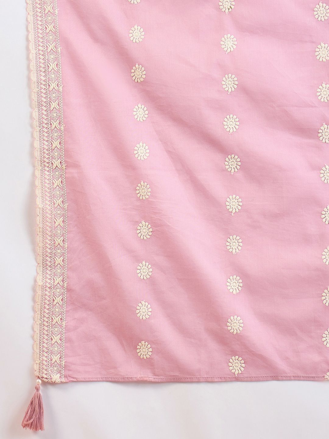 Floral Embroidered Pleated Pure Cotton A-Line Kurta With Trousers & Dupatta