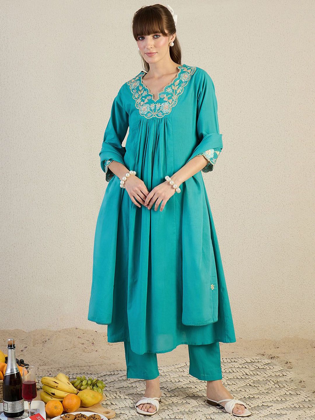 Dhiyona IE Women Embroidered Beads & Stones Pure Cotton Kurta with Trousers & Dupatta