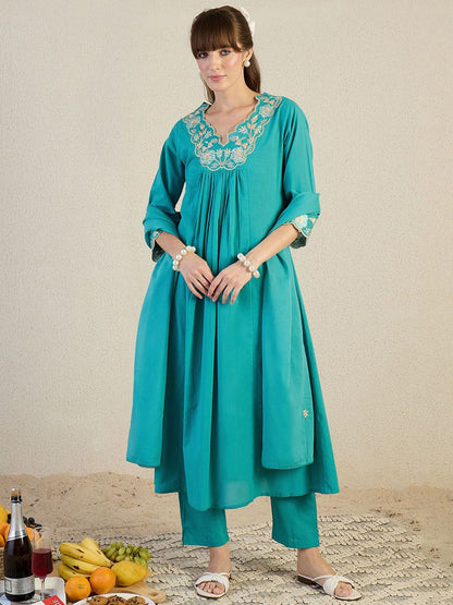 Dhiyona IE Women Embroidered Beads & Stones Pure Cotton Kurta with Trousers & Dupatta