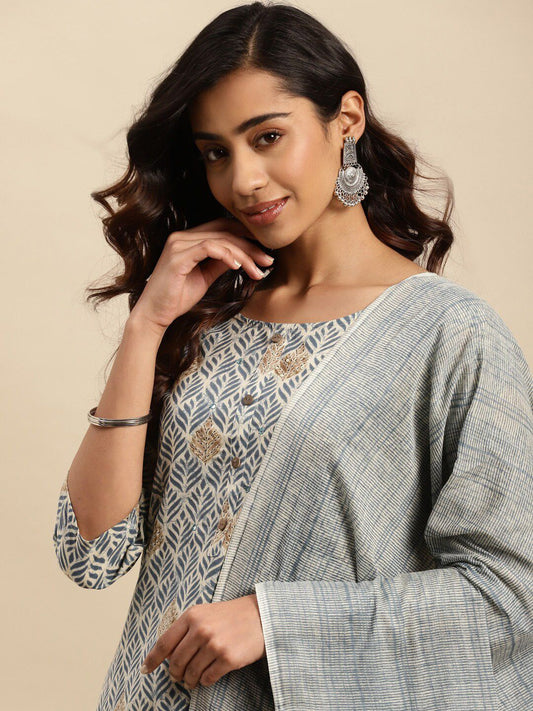 Dhiyona SN Women's Grey Ethnic Printed Thread Work Pure Cotton Kurta With Trouser & Dupatta Set