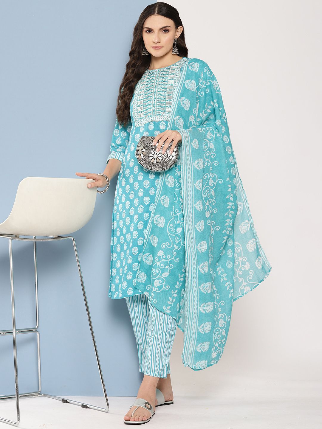 Dhiyona IE Floral Printed Sequinned Pure Cotton Straight Kurta With Trousers & Dupatta