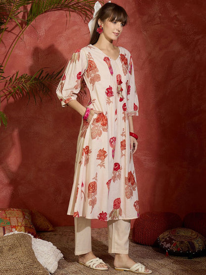 Women Floral Printed Pure Cotton A-Line Kurta with Trousers