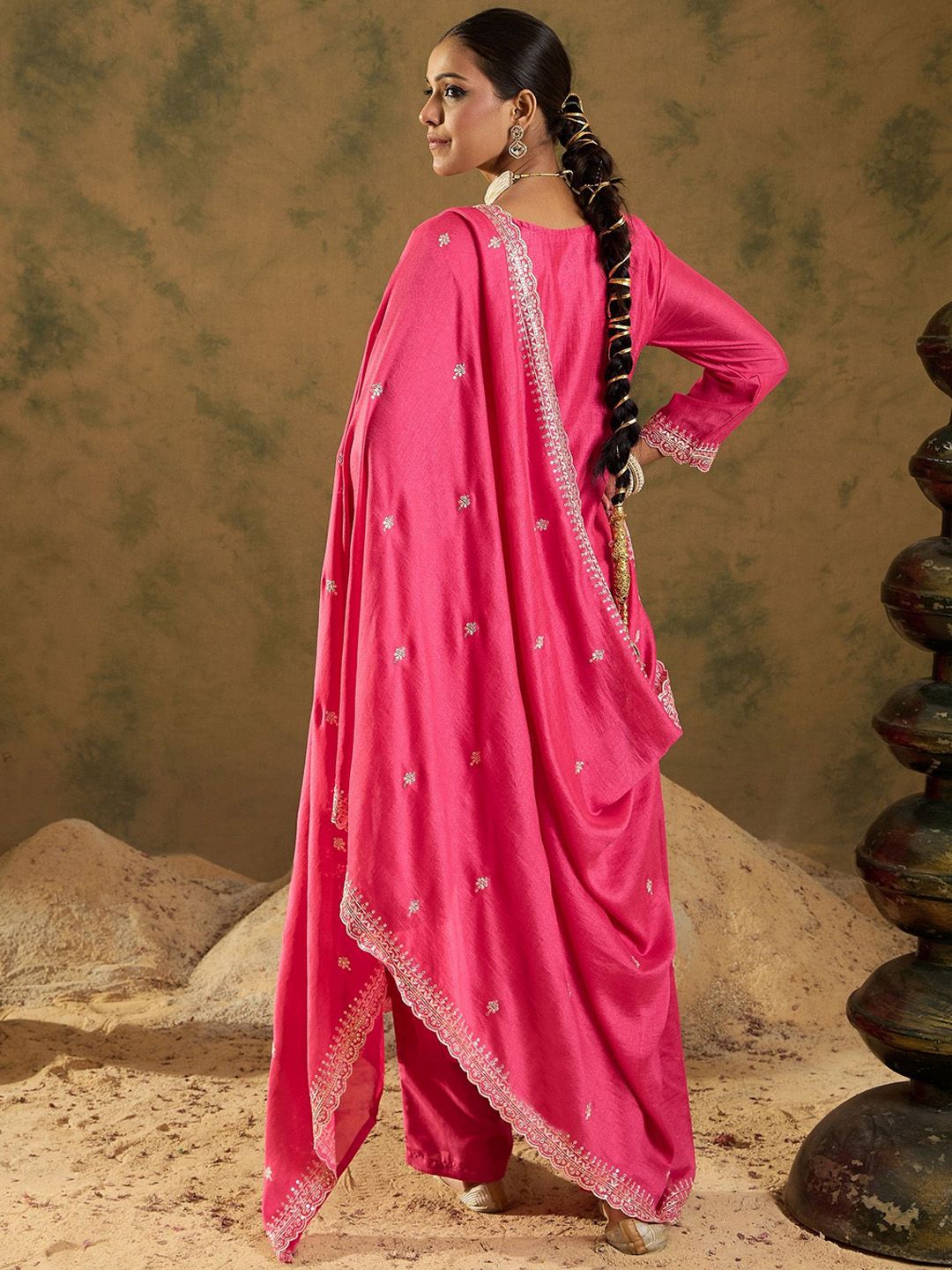 Dhiyona IE Women Ethnic Motifs Embroidered Regular Thread Work Kurta with Trousers & With Dupatta