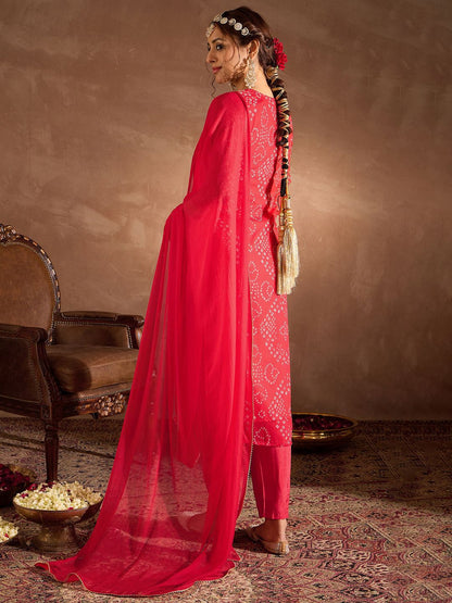 Dhiyona IE Bandhani Printed V-Neck Zari Silk Chiffon Straight Kurta With Trousers & Dupatta