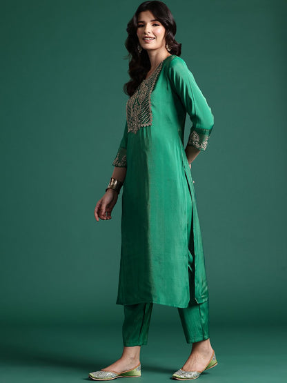Dhiyona IE Ethnic Motifs Zari Embroidered Kurta with Trousers & With Dupatta
