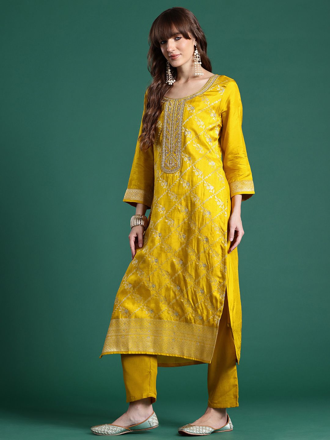 Ethnic Motifs Yoke Design Thread Work Kurta With Trousers & Dupatta