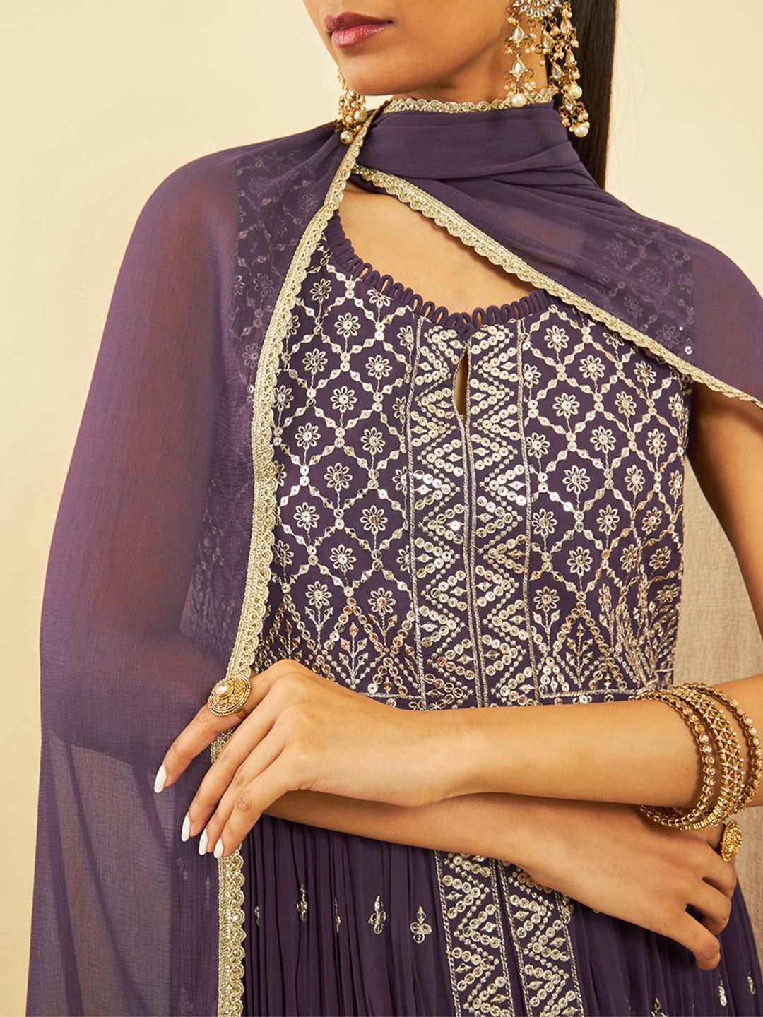 Dhiyona SO Women's Ethnic Motifs Embroidered Sequinned Georgette Kurta with Palazzos & Dupatta