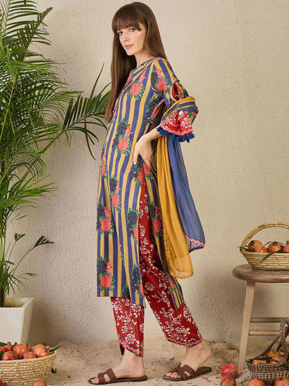 Adults-Women Floral Printed Cotton A-Line Kurta with Trousers & Dupatta