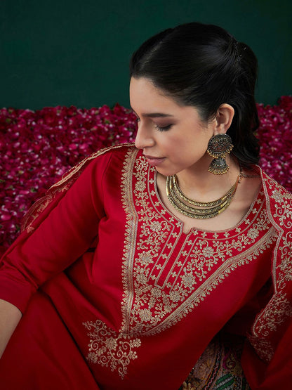Dhiyona IE Red Ethnic Motifs Embroidered Regular Kurta with Trousers & Dupatta