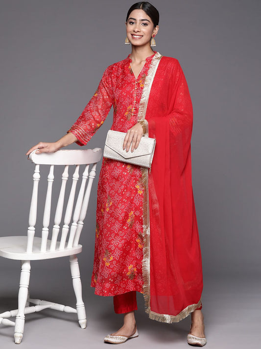 Dhiyona VA Women'sRed Bandhani printed A line Kurta with Trouser and Dupatta