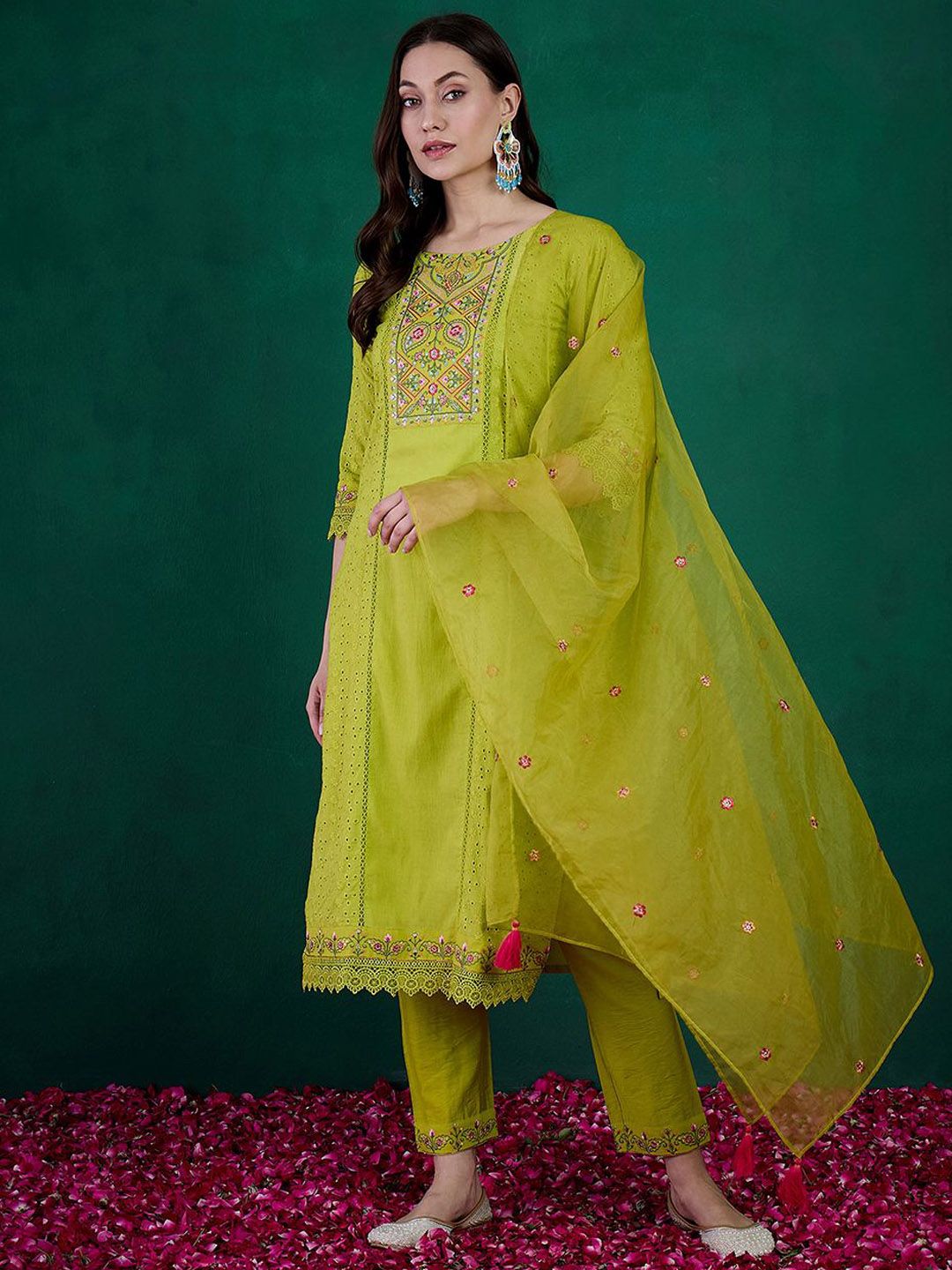 Dhiyona SN Women's Lime Green Floral Embroidered Straight Kurta With Trouser & Dupatta
