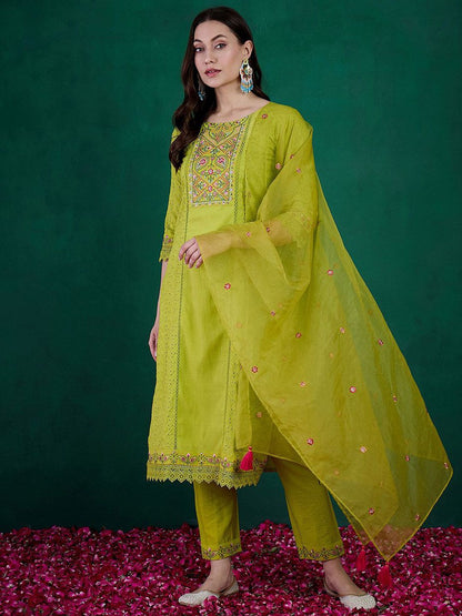 Dhiyona SN Women's Lime Green Floral Embroidered Straight Kurta With Trouser & Dupatta