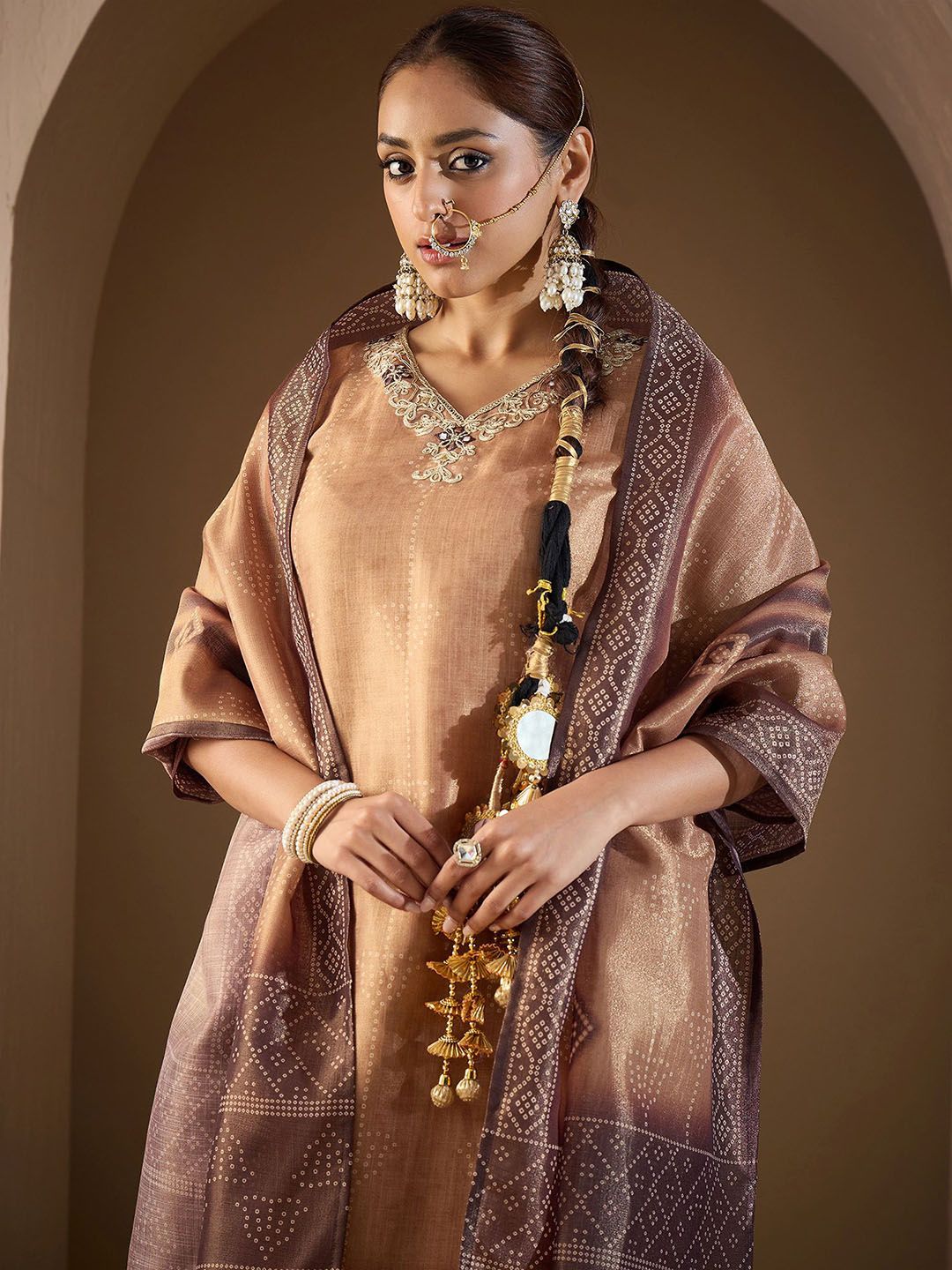 Women Bandhani Printed Regular Sequinned Kurta with Trousers & With Dupatta