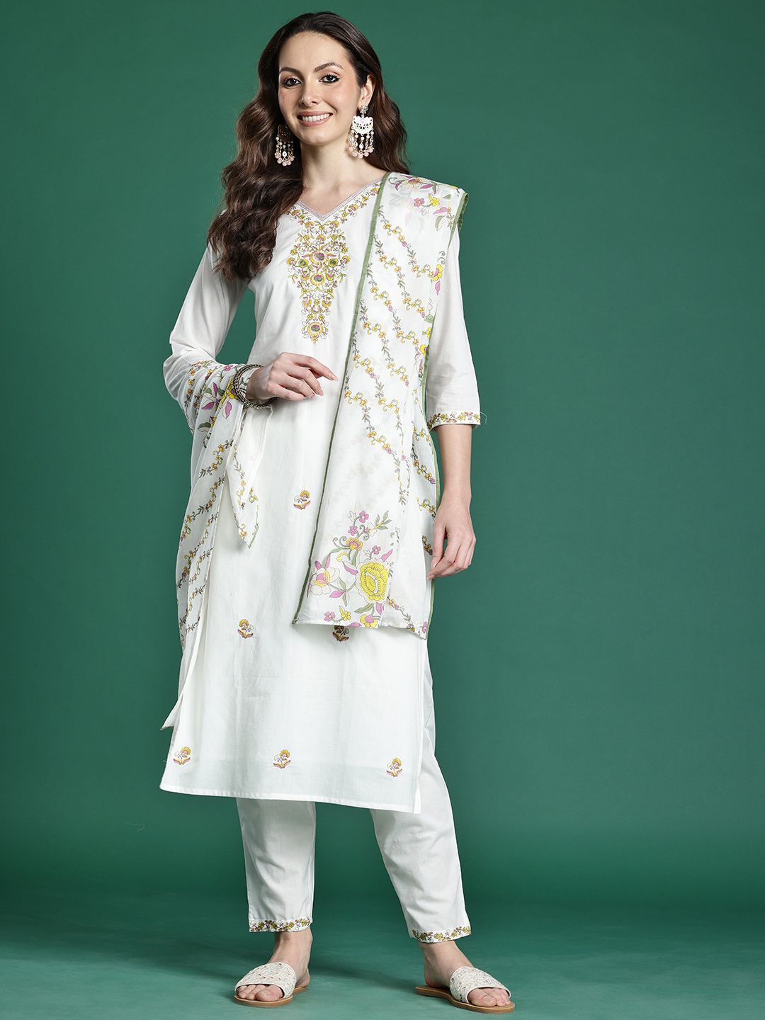 Floral Embroidered Pure Cotton Kurta with Trousers & Dupatta