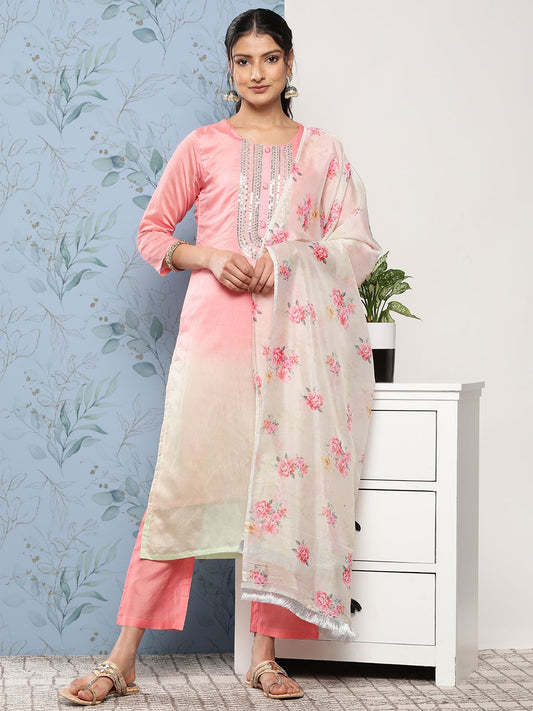Dhiyona VA Women's Pink Ombre Embroidered Sequinned Kurta with Trousers & With Dupatta