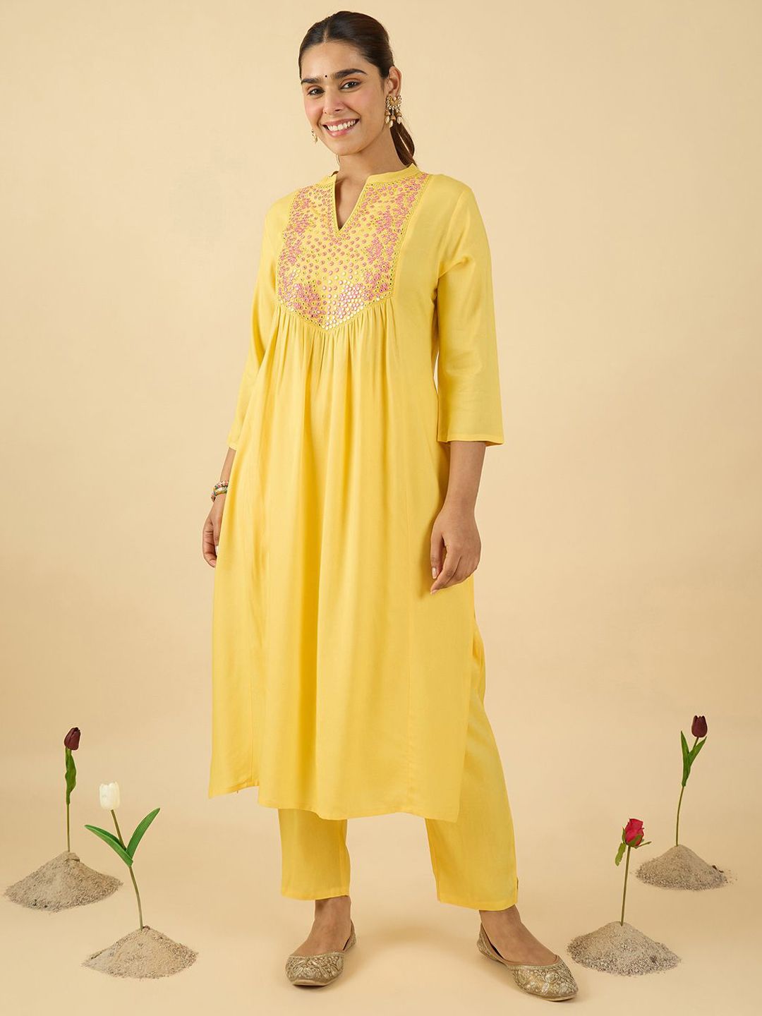 Women Embroidered Mirror Work Pure Cotton Kurta with Trousers & With Dupatta