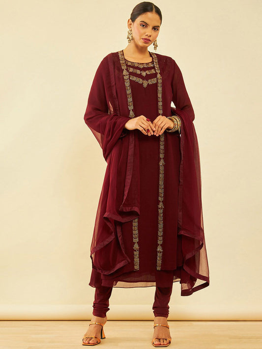 Dhiyona SO Women's Maroon Embellished Regular Beads and Stones A-Line Kurta with Churidar & With Dupatta