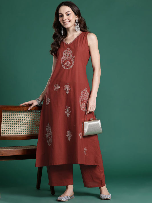Ethnic Motifs Embroidered Pure Cotton Kurta with Palazzos