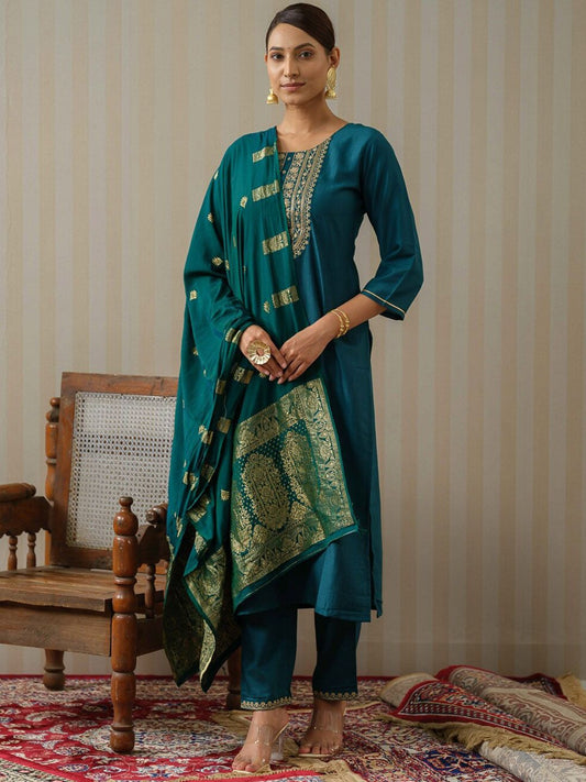 Dhiyona OD  Blue Ethnic Motifs Straight Kurta & Trousers With Dupatta