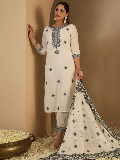 Dhiyona IE Women's Women Ethnic Motifs Pure Cotton Kurta with Trousers & With Dupatta Kurta Sets