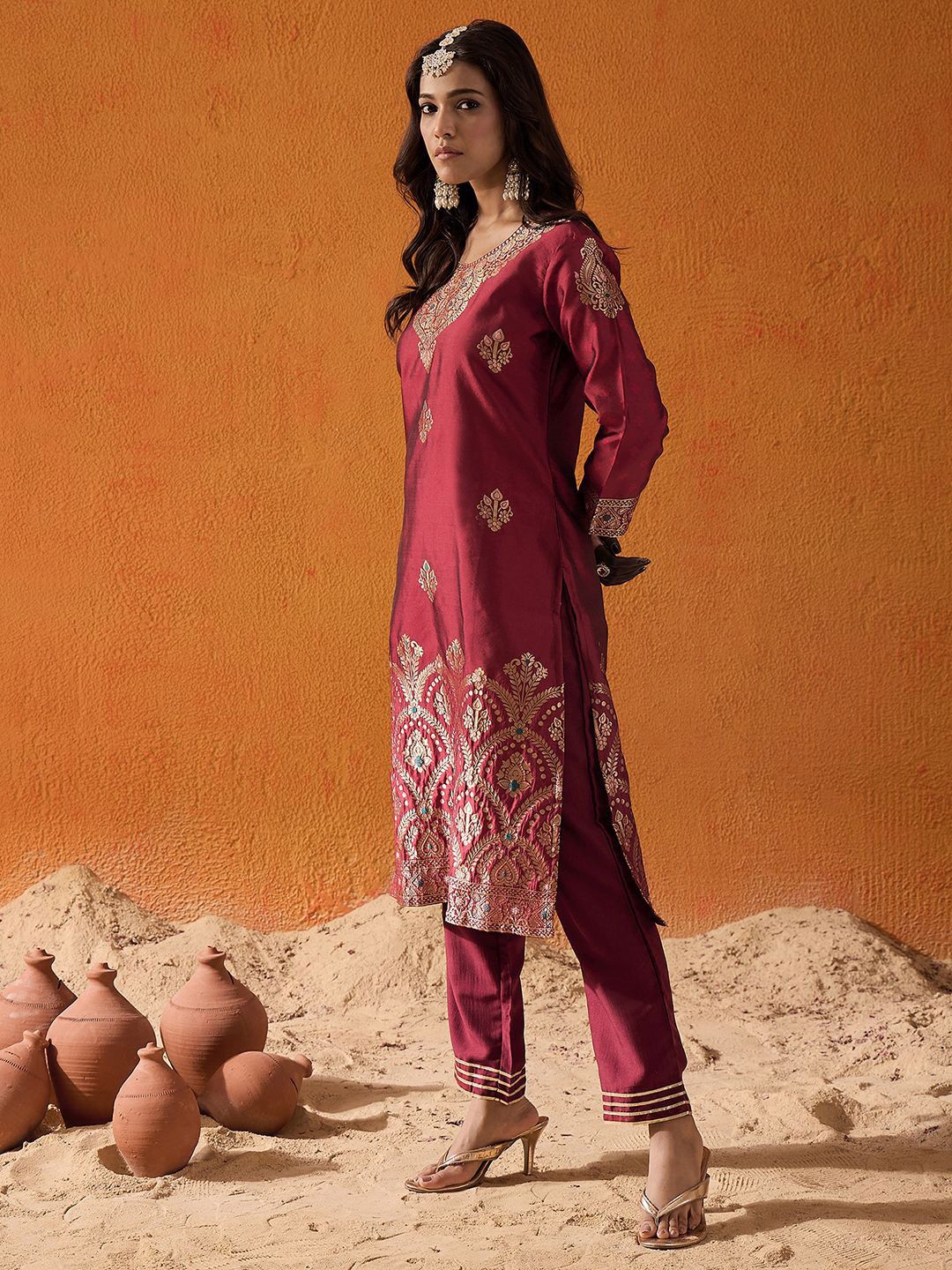 Maroon Floral Woven Design Straight Kurta with Trousers