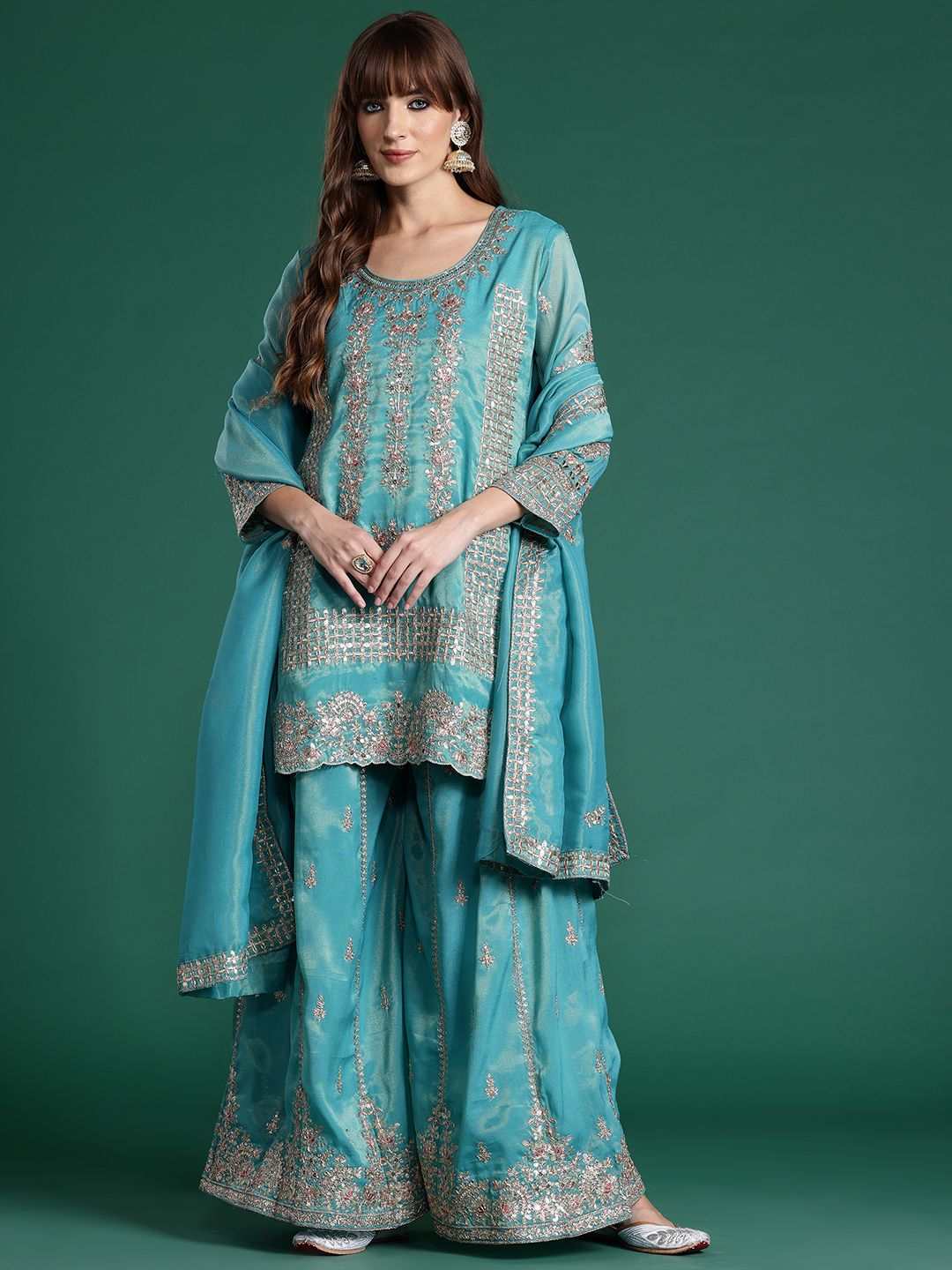Ethnic Motifs Embroidered Sequinned Kurta with Palazzos & With Dupatta