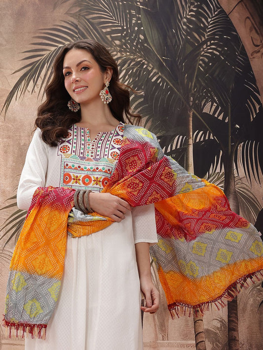 Dhiyona SN Women's Yoke Design Mirror Work Embroidered Kurta With Trousers & Bandhani Print Dupatta