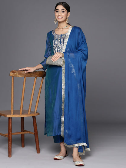 Dhiyona VA Women'sEthnic Motifs Embroidered Regular Chanderi Silk Kurta with Trousers & With Dupatta