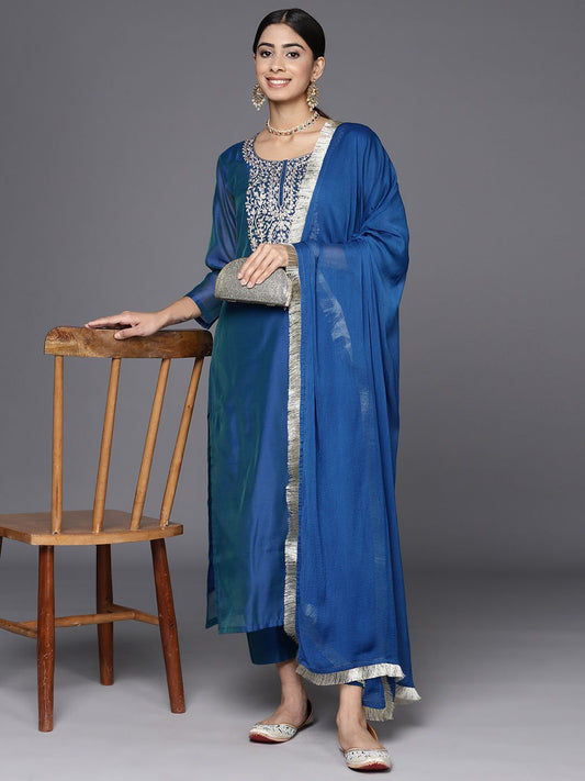 Dhiyona VA Women'sEthnic Motifs Embroidered Regular Chanderi Silk Kurta with Trousers & With Dupatta